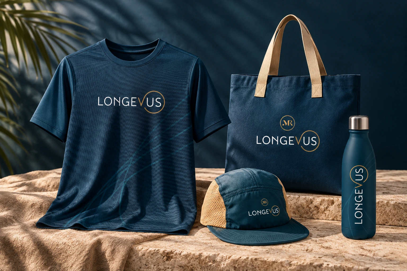 Kit LONGEVUS com camiseta, boné, garrafa e bolsa